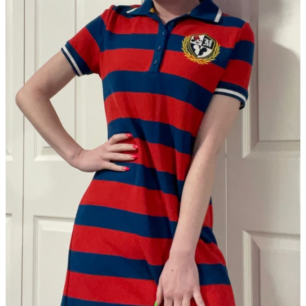 Disney Cruise Women's 2XL Minnie Mickey Mouse Crest Striped Polo Dress Red Blue